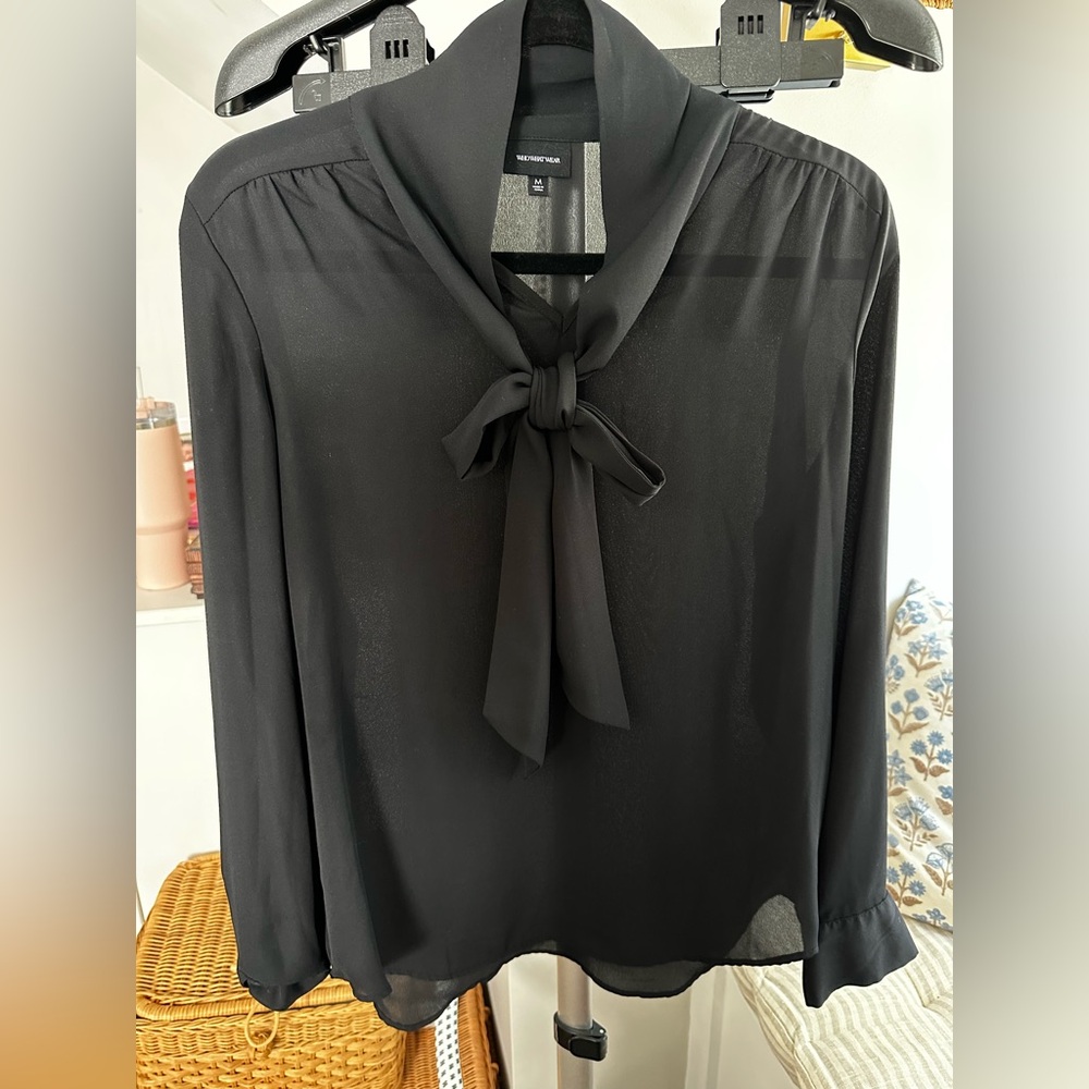 Who What Wear Black Sheer Blouse with Bow